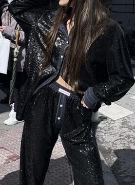 Hand Over Womens Long Pants Black Sequin Size XS Ex-Boyfriend Cesar High Waist
